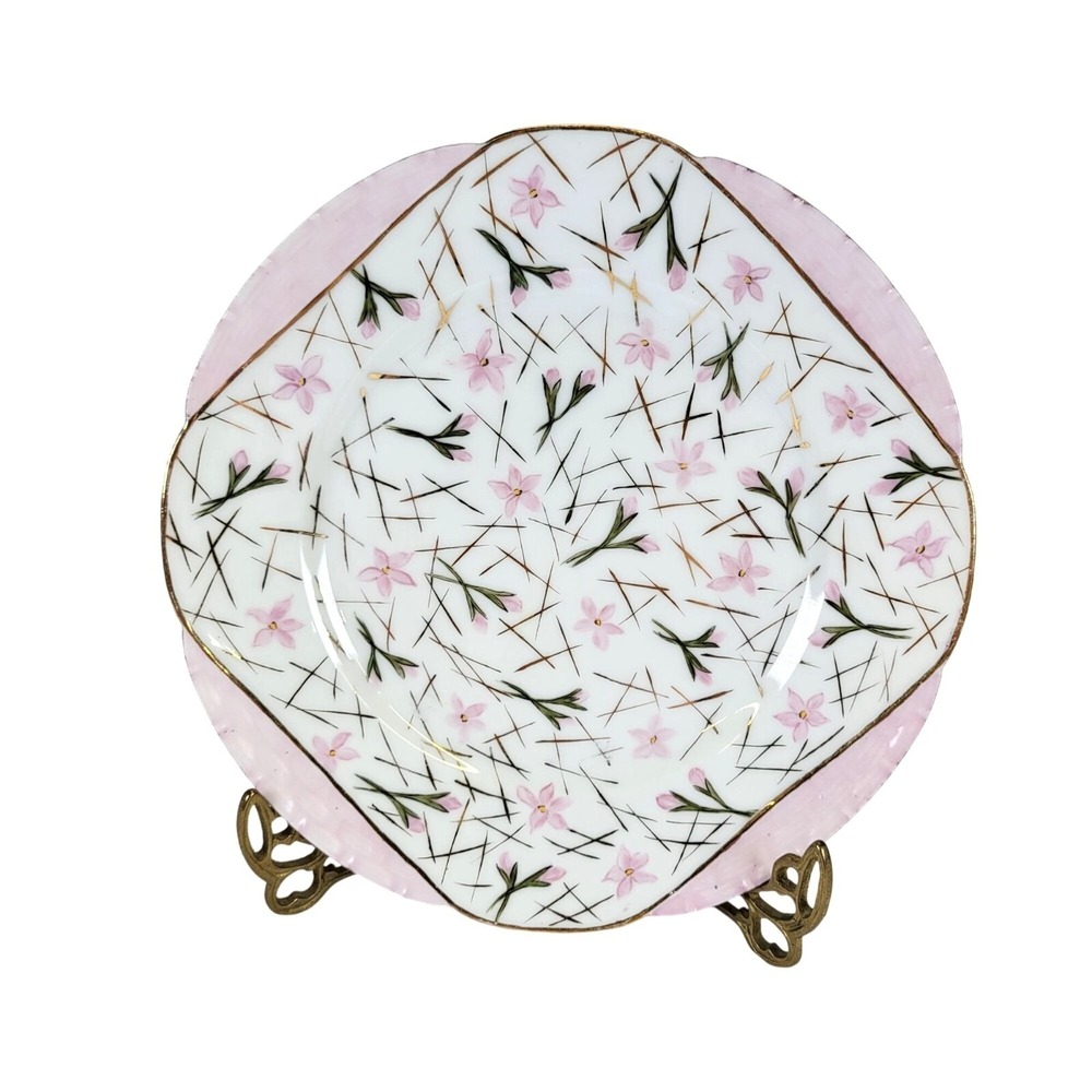 VTG H&C Heinrich MCM Hand Painted Pink Floral Plate‎ Gold Pearl Basketweave 8.5"